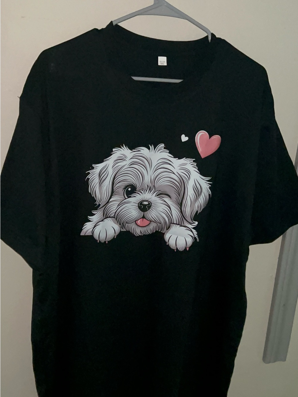 SHEIN Black Tee with White Puppy Graphic and Pink Heart